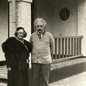 Albert Einstein and his wife, Elsa at Villa Savoyarde, De Haan, Belgium, 1933 (b/w photo)