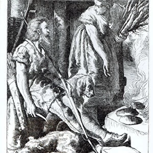 Alfred (849-99) in the Neat-herds hut, engraved by Pearson (engraving) (b&w photo)