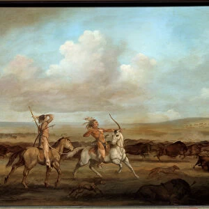 American Indians on Horseback Hunting the Bison Painting by George Catlin (1794-1872)