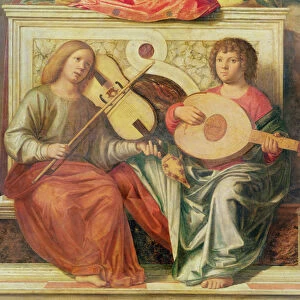 Detail of angel musicians from a painting of the Virgin and saints, 1496-99 (oil