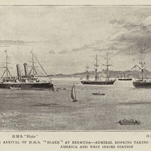 The Arrival of HMS "Blake"at Bermuda, Admiral Hopkins taking Command of the North America and West Indies Station (litho)