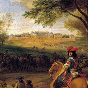 Arrival of King Louis XIV (1638-1715) precede the bodyguards in view of the old castle of