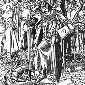 Arthurian Legend: The Lancelot Knight Terming Corbin's Snake (Corbenic) (launcelot slays the worm of Corbin) Illustration by Howard Pyle (1853-1911) from "The Story of Sir Launcelot and His Companions" 1907 Private Collection