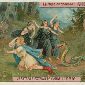 Three Attendants on the Queen of Night Kill a Snake to Save Tamino (chromolitho)