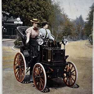 Automobile: two young women on a Phaeton car with panhard and levassor oil, 1896