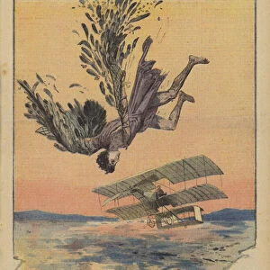 Aviators: the wings of Icarus and the aeroplane of Henri Farman (colour litho)