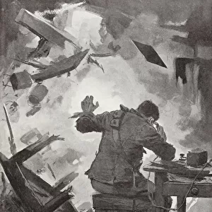 Bombardier W H French finishing his message after a shell had come through the room in which he was telephoning, Helpegarde, World War I (litho)