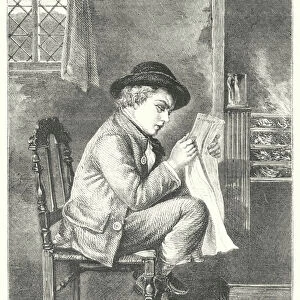 Boy reading newspaper (engraving)