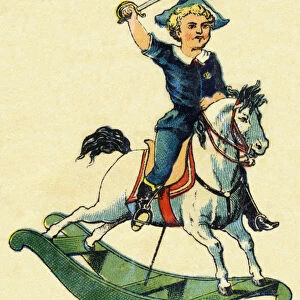 Boy with a sword on a rocking horse. Engraving in "