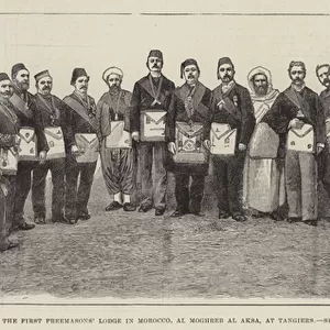 Brethren of the First Freemasons Lodge in Morocco, Al Moghreb Al Aksa, at Tangiers (engraving)