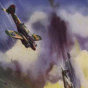 British Avro Anson of Coastal Command shooting down a German Dornier, World War II (colour litho)