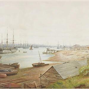 A busy river scene with numerous vessels (pencil, watercolour and bodycolour on paper)