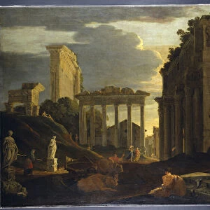 Capriccio view with figures by a triumphal arch and the Temples of Saturn