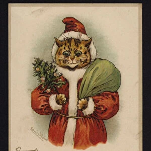 Cat as Santa Claus, Christmas greetings card (chromolitho)