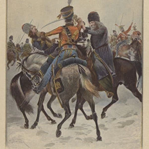 Cavalry engagement during Napoleons invasion of Russia, 1812 (colour litho)