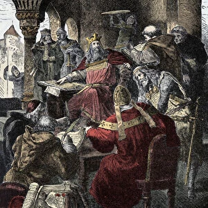 Charlemagne (742 - 814) on his throne presiding over the Palace Academy (engraving)