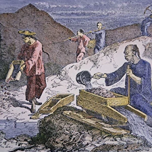 Chinese Immigrants working on the gold fields, 1849 (coloured engraving)