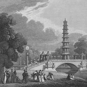 Chinese Pagoda and Bridge, in St Jamess Park, Middlesex, as it appeared 1 August 1814 (engraving)