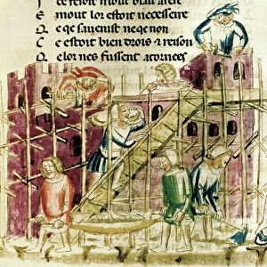 Construction of a fortress Miniature of a 14th century manuscript Paris, B. N