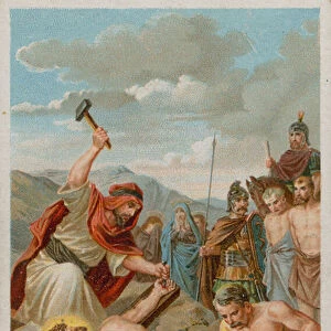 Crucifixion: Jesus is nailed to the cross. The eleventh Station of the Cross (chromolitho)