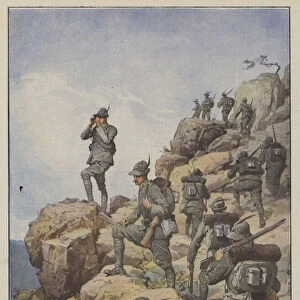 In the Cyrenaic plateau, patrols of the Vestone Alpini in reconnaissance on the sides of the Derna in... (colour litho)