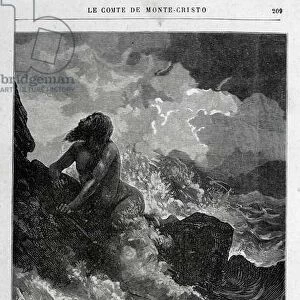 Dantes evade a la nage - Engraving by Riou, in "Le Comte de Monte-Cristo"