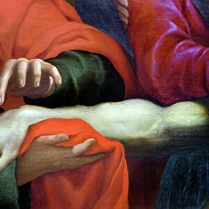 Descent from the cross: detail of the hands of those who support Christ and his hand pierced by the nail of the crucifixion, late 16th or early 17th century (painting)
