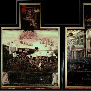 Diptych depicting the Arrival of Queen Elizabeth I (1530-1603) at Tilbury, the Defeat