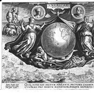 Discovery of America with portraits of Amerigo Vespucci (1454-1512) and Christopher Columbus