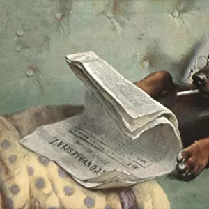 Dog reading a newspaper (colour litho)