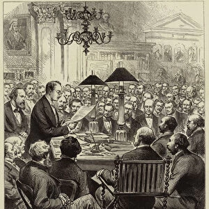 Dr Schliemann giving an Account of his Discoveries at Mycenae before the Society of Antiquaries at Burlington House (engraving)