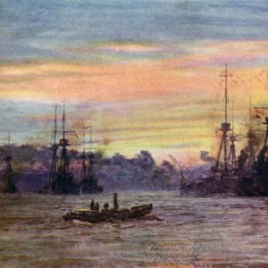 Dreadnoughts anchoring, 1912 (colour litho)