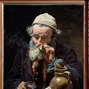 The drinker An old man smoking the pipe and drinking a glass of wine. Painting by Jules Rousset (1840-?) 19th century Orleans, Museum of Fine Arts