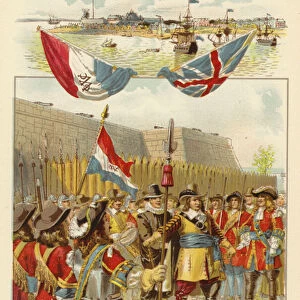 The Dutch surrender New Amsterdam, 8 September 1664 (colour litho)