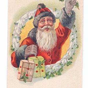 Edwardian postcard of Father Christmas holding a pine branch and two gifts, c