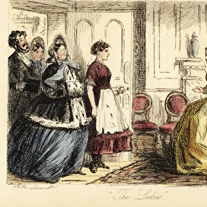 English lady receiving surprise visitors in breakfast room, 19th century