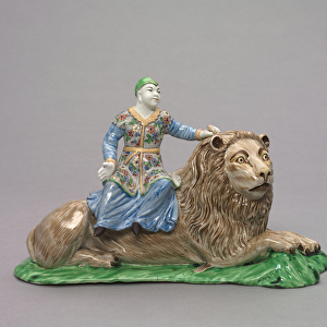 Figure Seated on a Lion, c. 1750 (soft-paste porcelain with enamel decoration)