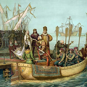 The first trip: Christopher Columbus greeting Queen Isabella of Castile to the port of