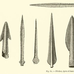 Fleches, epees et lances gauloises, en bronze (engraving)