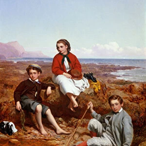 Florence, Arthur and Charles Moore on a sea-shore, 1868 (oil on board)