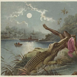 A frightful incident, crocodile attacking native girl (chromolitho)