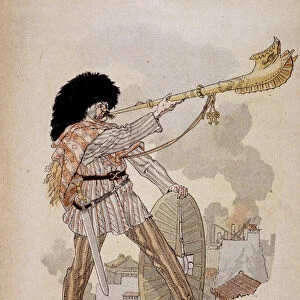 Gallic soldier sounding from the horn of war (carnyx) - in "