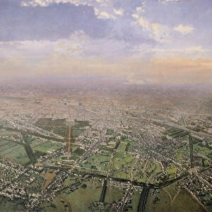 General view of Paris from a hot-air balloon, 1855 (oil on canvas) (detail)