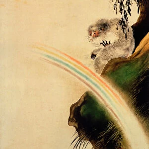 Gibbon seated on a rock with rainbow in foreground (lacquer on paper)