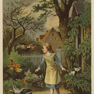 Girl startling chickens in a garden (colour litho)