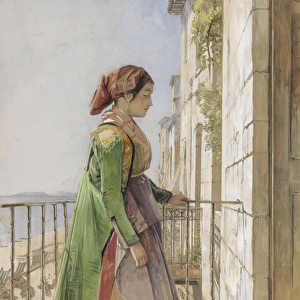 A Greek Girl Standing on a Balcony, c. 1840 (w / c and gouache over graphite on paper)