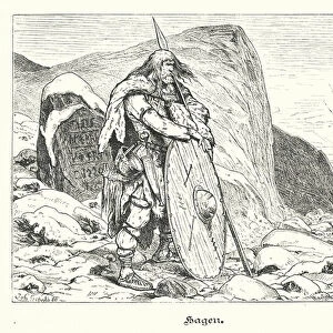 Hagen, Burgundian warrior of German mythology (engraving)