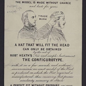 Hat fitting using a configurotype, advertisement for Robert Heath, hat maker to the British Royal Family (litho)