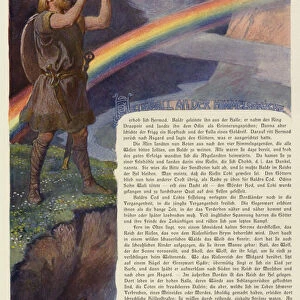 Heimdallr sounding the horn Gjallarhorn on Bifrost, the rainbow bridge connecting Earth to the realm of the gods (colour litho)