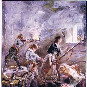Heroic defence by Madeleine de Vercheres and her brothers 1692, c. 1920 (colour litho)